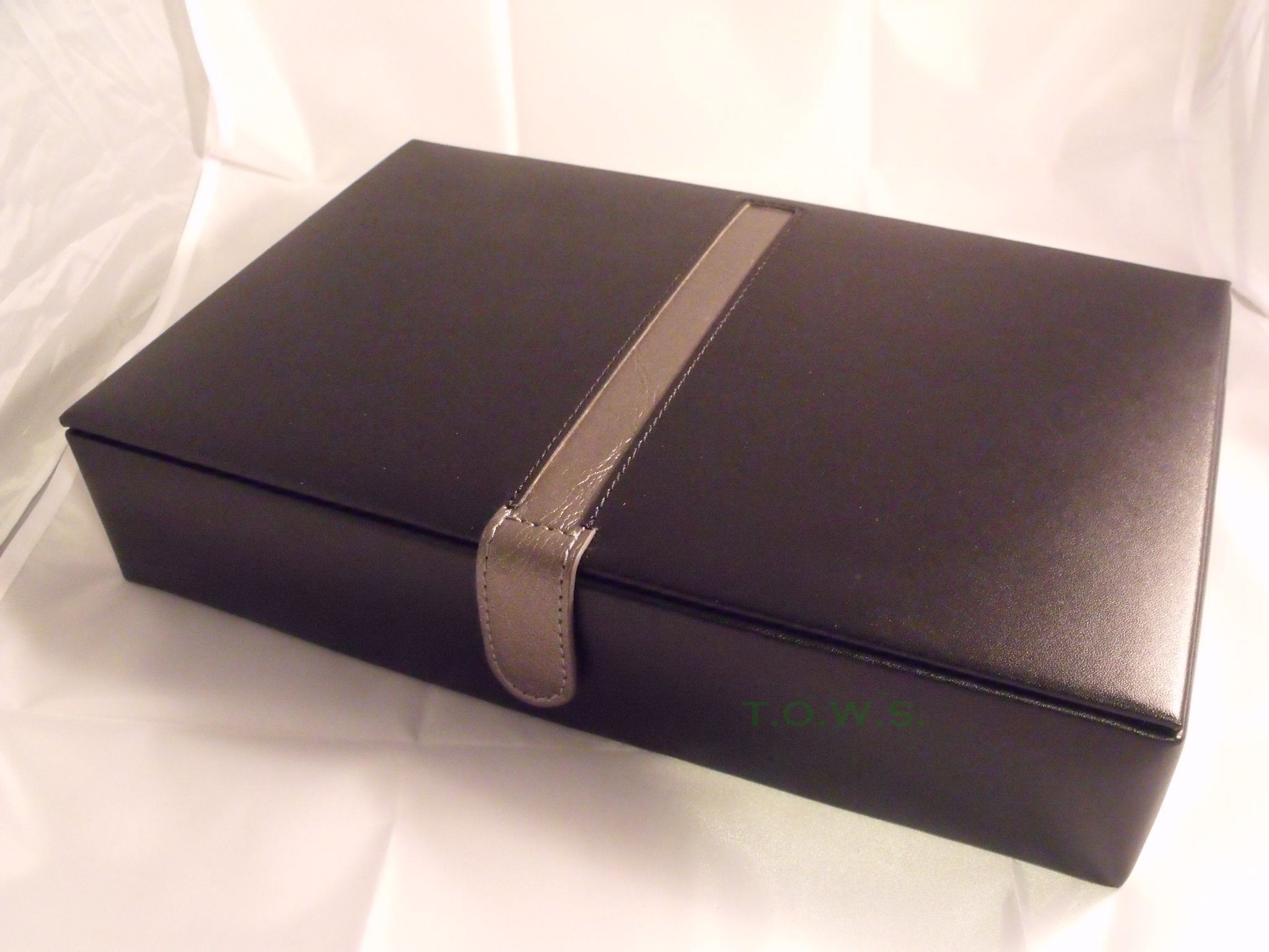 Watch Accessories At The Old Uk Black Genuine Leather Watch Collection Storage Case For Ten Wrisches Rectangular Padded With Decorative Silver Centre Stripe
